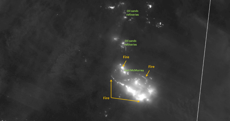 The fires as they appear in Fort McMurray during the night on May 5. (Image: NOAA/NASA CIMSS/SSEC)